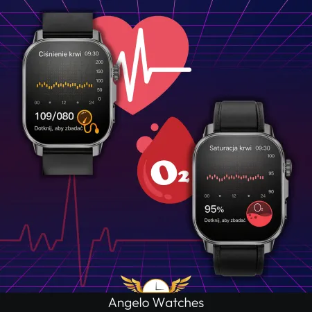 Smartwatch Męski Zegarek Angelo AT571 Czarny Ciśnienie Kardio Rozmowy EKG AMOLED Puls Menu PL