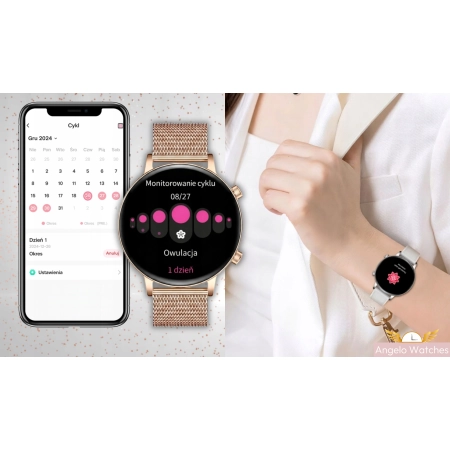 Smartwatch Damski Elegancki Zegarek AMOLED Rozmowy BT 3 Paski Złoty PL IP68