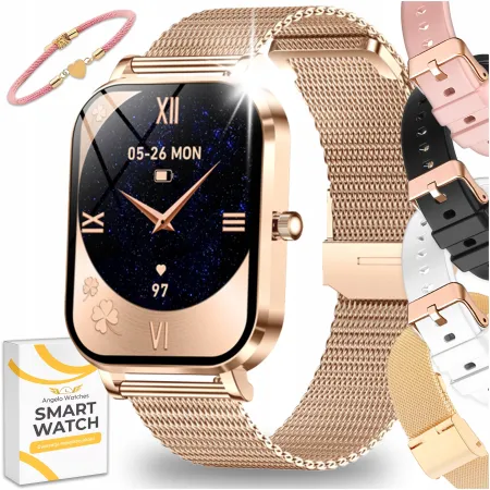 Smartwatch Damski Zegarek Angelo AK90 złoty Powiadomienia Rozmowy Menu PL 4 Paski