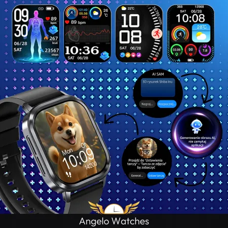Smartwatch Męski Zegarek Angelo AT573 czarny Glukoza Rozmowy Ciśnienie EKG Amoled Puls Menu Pl