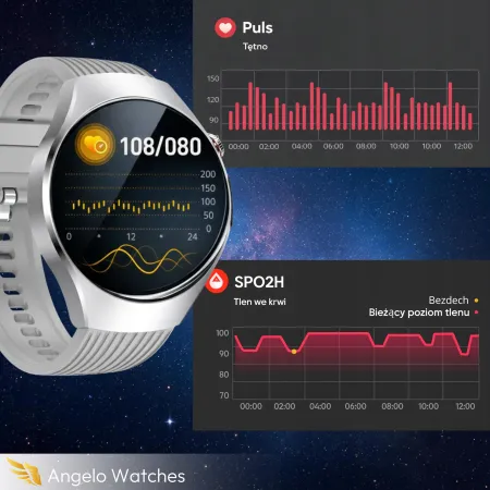 Smartwatch Męski Zegarek Angelo AT116 srebrny Rozmowy Ciśnienie EKG AMOLED Puls Menu PL